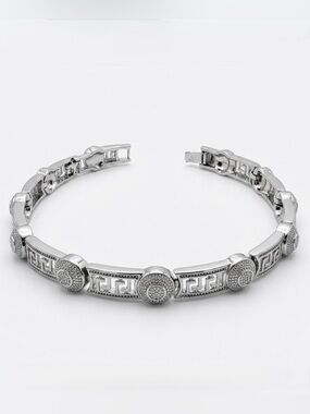 Greek Key Platinum Plated Bracelet Statement Dainty Silver Tone Water Resistant